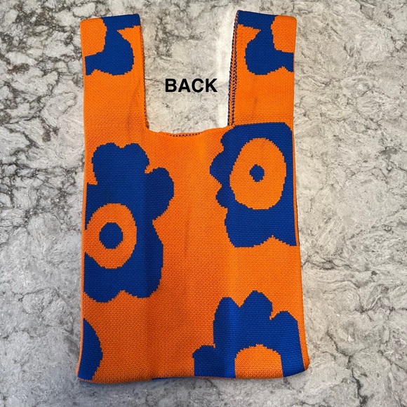 Mini Knitted Wristlet Bag - Foldable Tote - Orange and Blue Floral - Picture 4 of 9